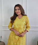 Premium Cotton Chikankari Angrakha Kurti Pant Set For Women