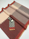 Soft Linen Digital Print Saree with Gold Zari Border & Matching Blouse