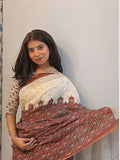 Soft Linen Digital Print Saree with Gold Zari Border & Matching Blouse