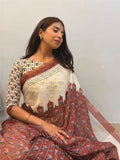 Soft Linen Digital Print Saree with Gold Zari Border & Matching Blouse