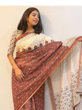 Soft Linen Digital Print Saree with Gold Zari Border & Matching Blouse
