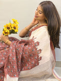 Soft Linen Digital Print Saree with Gold Zari Border & Matching Blouse