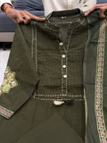 Premium Jaipuri Soft Cotton Ajrakh Patch Work Kurti Pant Dupatta Set