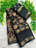 Heavy Dull Marshmallow Saree with Floral Print & Jacquard Border