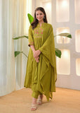 Premium Pure Cotton Embroidered Kurti Pant Dupatta Set