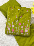 Premium Pure Cotton Embroidered Kurti Pant Dupatta Set