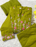 Premium Pure Cotton Embroidered Kurti Pant Dupatta Set