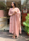 Embroidered Kurti Pant Dupatta Set with Chanderi Dupatta