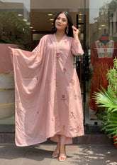 Embroidered Kurti Pant Dupatta Set with Chanderi Dupatta