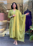 Embroidered Kurti Pant Dupatta Set with Chanderi Dupatta
