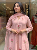 Embroidered Kurti Pant Dupatta Set with Chanderi Dupatta