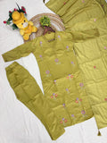Embroidered Kurti Pant Dupatta Set with Chanderi Dupatta