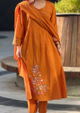 Premium Cotton Printed Kurti Pant Dupatta Set with Handwork