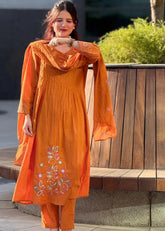 Premium Cotton Printed Kurti Pant Dupatta Set with Handwork