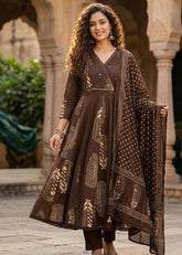 Printed Cotton Anarkali Suit with Tassel Tie-Up & Dupatta
