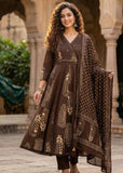 Printed Cotton Anarkali Suit with Tassel Tie-Up & Dupatta