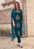 Rayon Slub Kurti Pant Dupatta Set with Embroidery & Organza Dupatta