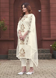 Rayon Slub Kurti Pant Dupatta Set with Embroidery & Organza Dupatta
