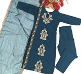 Rayon Slub Kurti Pant Dupatta Set with Embroidery & Organza Dupatta