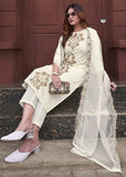 Rayon Slub Kurti Pant Dupatta Set with Embroidery & Organza Dupatta