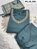 Premium Roman Silk Round Neck Kurti Pant Dupatta Set