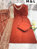 Premium Roman Silk Round Neck Kurti Pant Dupatta Set