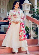 Premium Mal Chanderi Anarkali Kurti Pant Dupatta Set