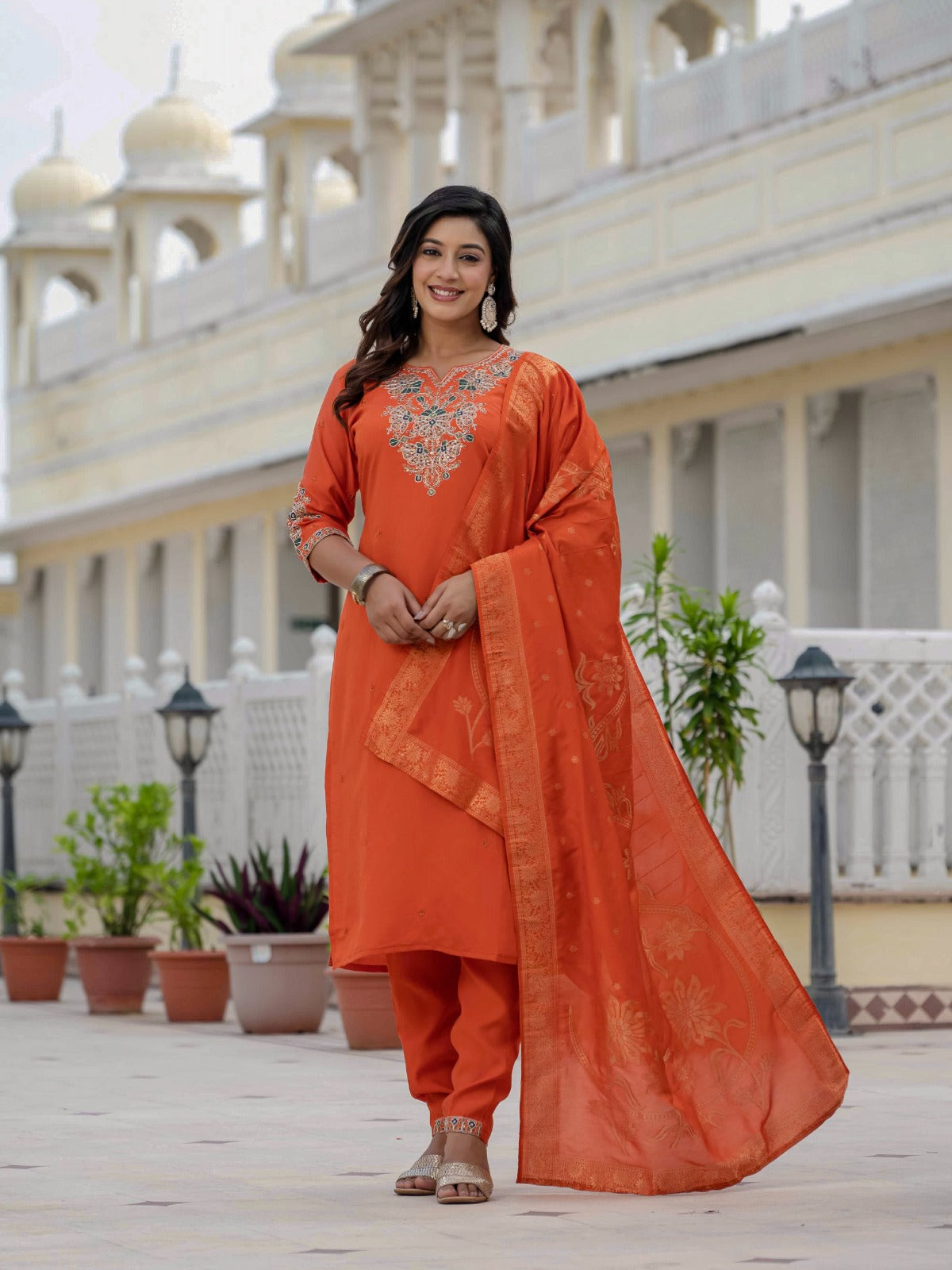 Elegant Roman Silk Kurti Pant Dupatta Set