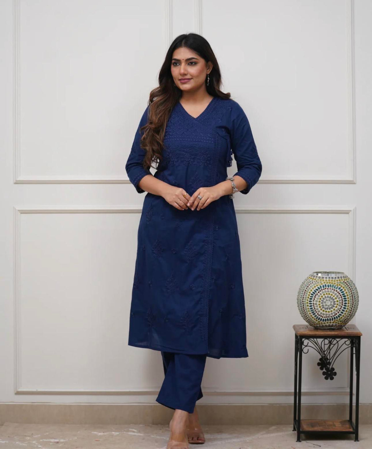 Premium Cotton Chikankari Angrakha Kurti Pant Set For Women