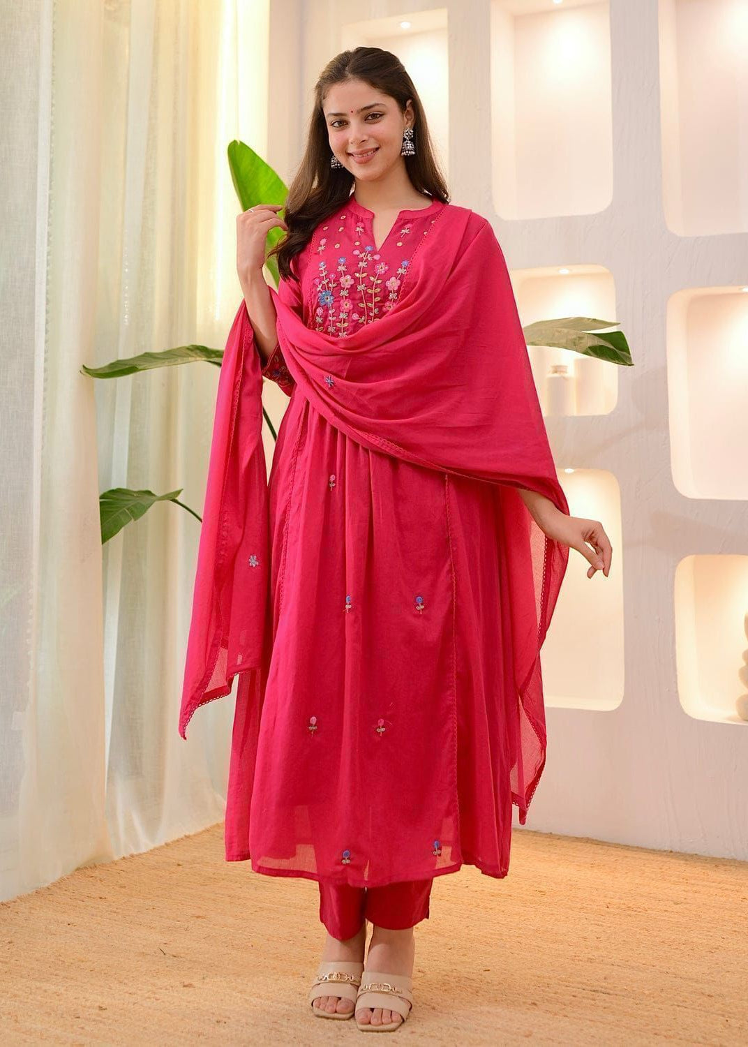 Premium Pure Cotton Embroidered Kurti Pant Dupatta Set