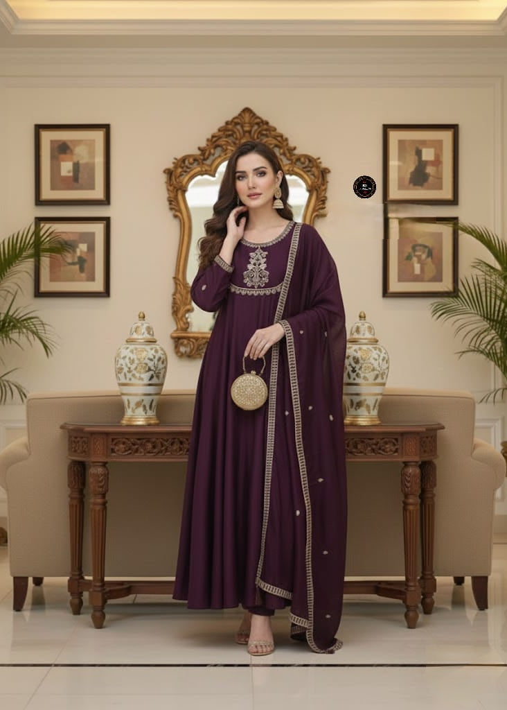 Premium Anarkali Kurta Pant Dupatta Set with Zari Weaving