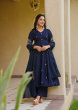 Elegant Roman Silk Anarkali Gown Style Suit Set with Dupatta