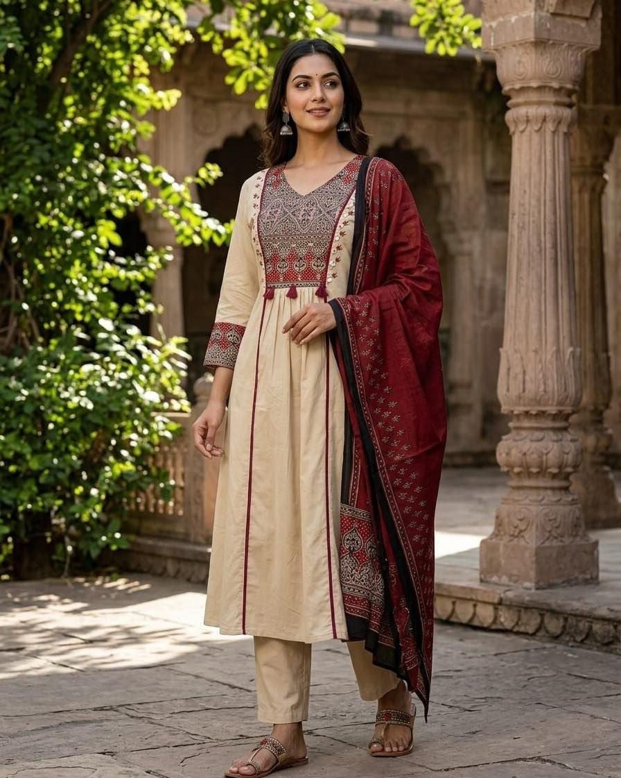 Jaipuri Cotton Kurta Pant Dupatta Set for Women