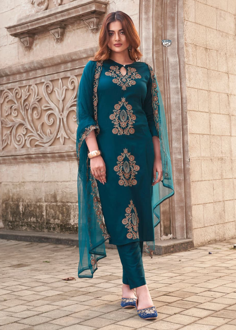 Rayon Slub Kurti Pant Dupatta Set with Embroidery & Organza Dupatta