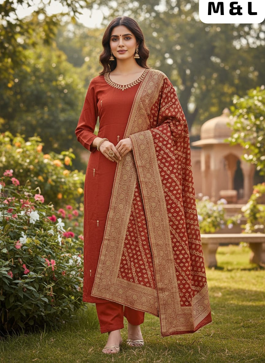 Premium Roman Silk Round Neck Kurti Pant Dupatta Set