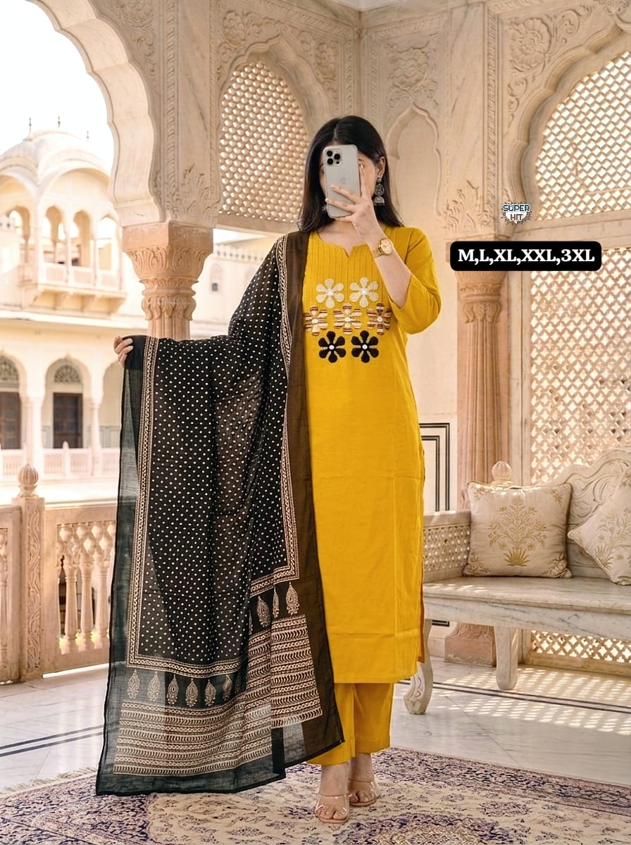 Premium Cotton Kurti Pant Dupatta Set with Embroidery