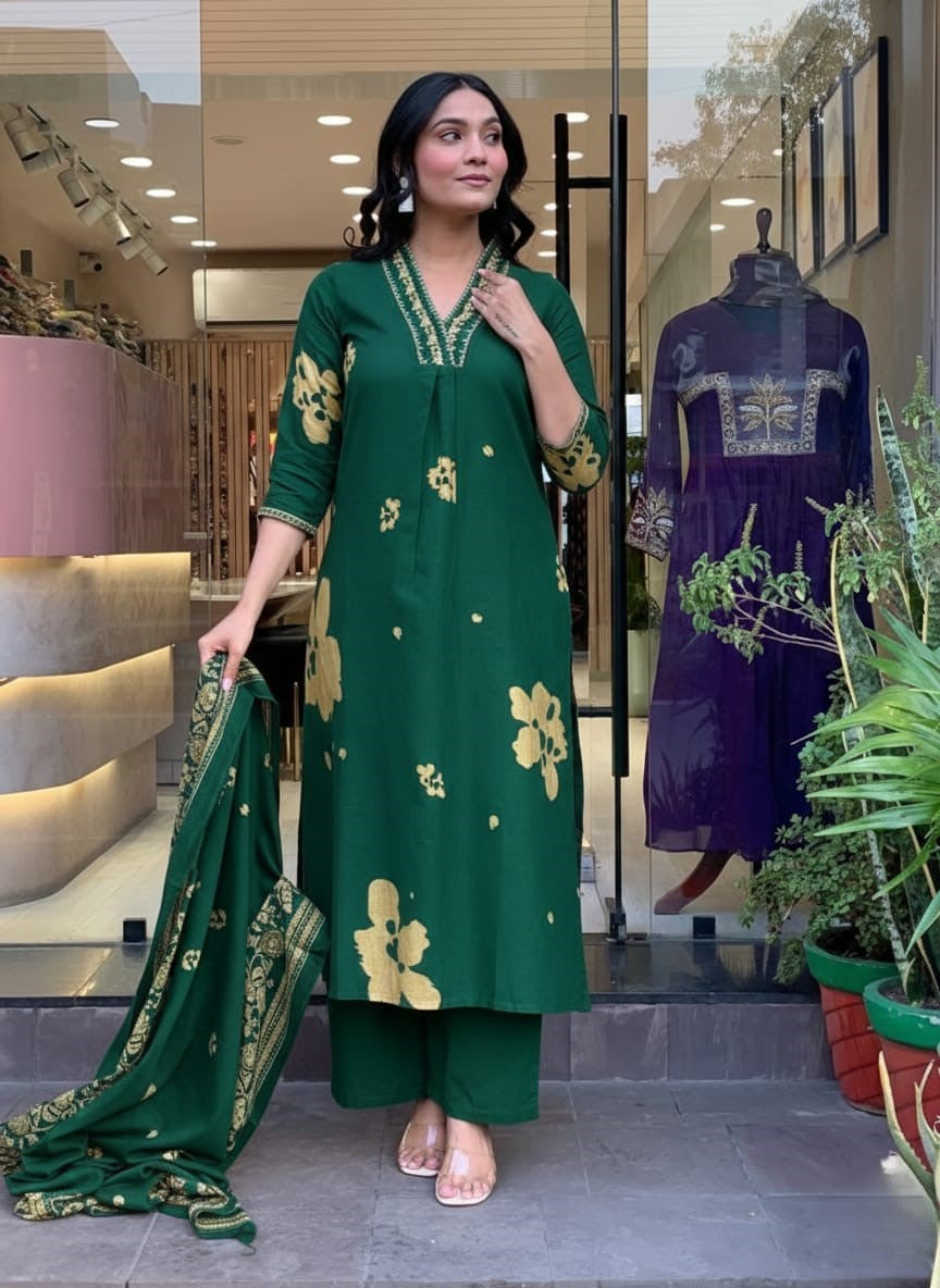 Premium Cotton Kurti Pant Dupatta Set with Embroidery