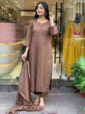 Premium Cotton Slub Kurti Pant Dupatta Set with Full Embroidery