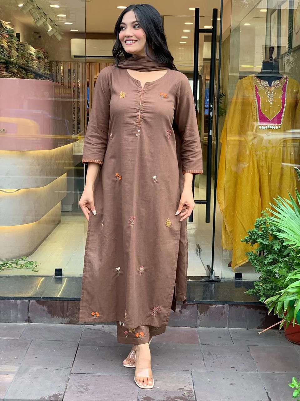 Premium Cotton Slub Kurti Pant Dupatta Set with Full Embroidery