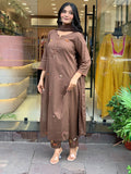 Premium Cotton Slub Kurti Pant Dupatta Set with Full Embroidery
